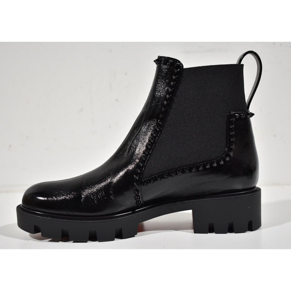 Christian Louboutin Out Lina Spike Lug Flat Black Patent Chelsea Ankle Boot 38.5 - Picture 8 of 12